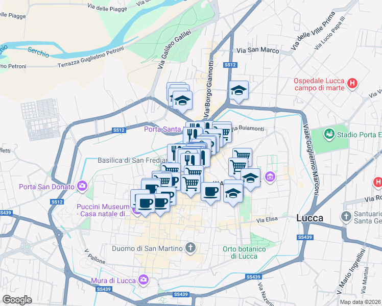 map of restaurants, bars, coffee shops, grocery stores, and more near 6 Via della Cavallerizza in Lucca