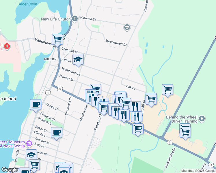 map of restaurants, bars, coffee shops, grocery stores, and more near 80 Herbert Street in Yarmouth