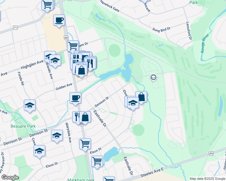map of restaurants, bars, coffee shops, grocery stores, and more near 142 Guinevere Road in Markham