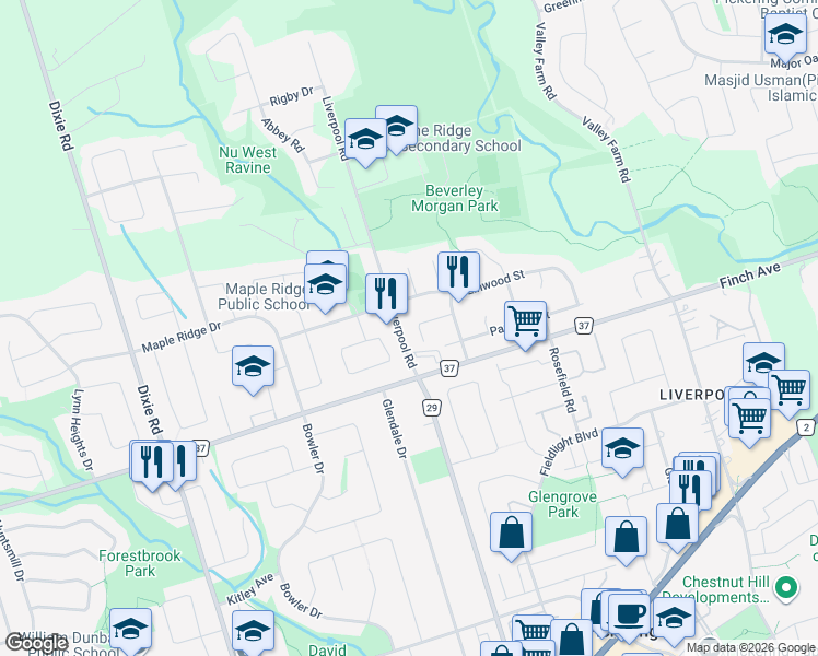 map of restaurants, bars, coffee shops, grocery stores, and more near 1385 Ferncliff Circle in Pickering