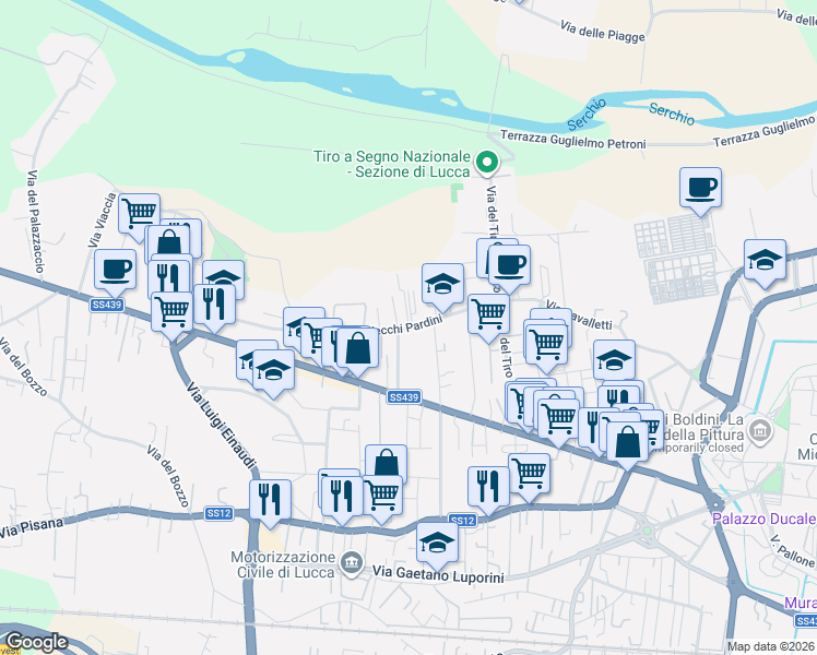 map of restaurants, bars, coffee shops, grocery stores, and more near Via Luigi Nerici in Lucca