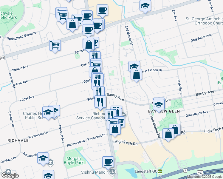 map of restaurants, bars, coffee shops, grocery stores, and more near Ellesmere Street in Richmond Hill
