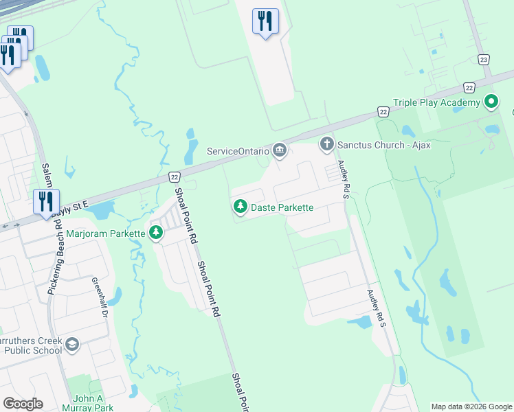 map of restaurants, bars, coffee shops, grocery stores, and more near 64 Douet Lane in Ajax