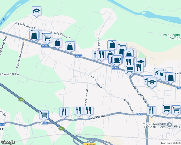 map of restaurants, bars, coffee shops, grocery stores, and more near 818 Viale del Bozzo in Lucca