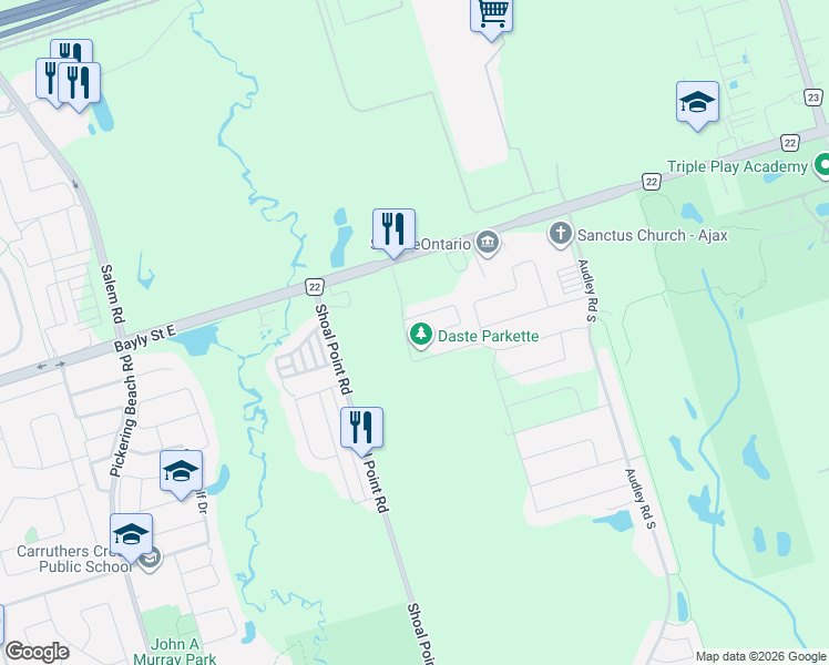 map of restaurants, bars, coffee shops, grocery stores, and more near 87 Douet Lane in Ajax