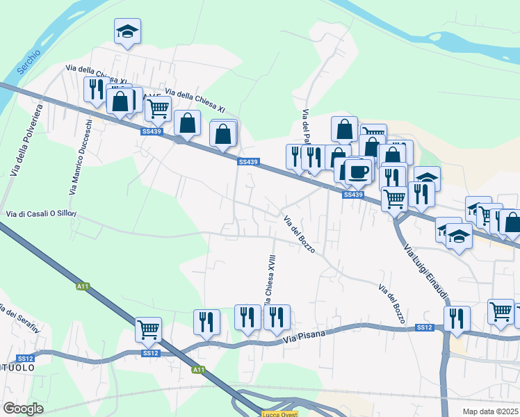 map of restaurants, bars, coffee shops, grocery stores, and more near 307 Via Sant'Angelo in Lucca