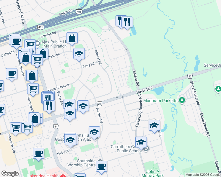 map of restaurants, bars, coffee shops, grocery stores, and more near 151 Admiral Road in Ajax