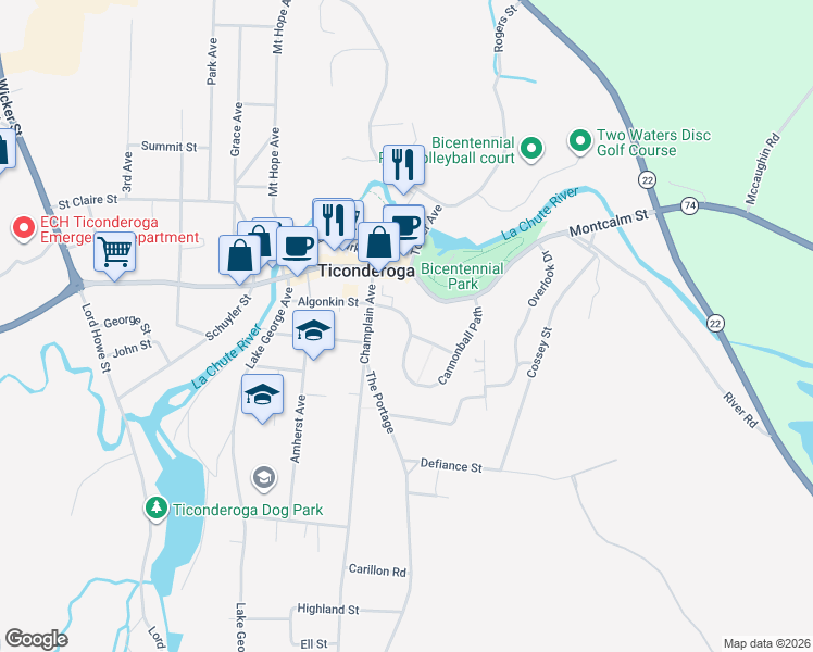 map of restaurants, bars, coffee shops, grocery stores, and more near 60 Cannonball Path in Ticonderoga