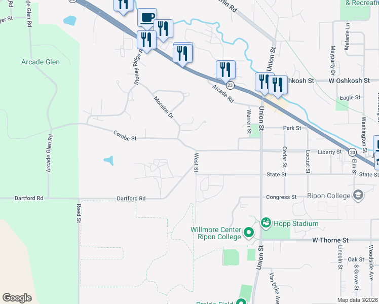 map of restaurants, bars, coffee shops, grocery stores, and more near 108 West Street in Ripon