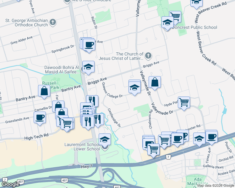 map of restaurants, bars, coffee shops, grocery stores, and more near 39 Queens College Drive in Richmond Hill