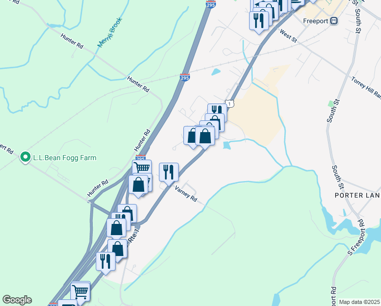 map of restaurants, bars, coffee shops, grocery stores, and more near 182 Main Street in Freeport