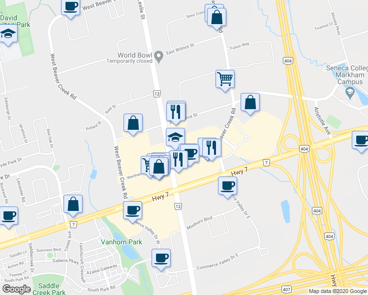 map of restaurants, bars, coffee shops, grocery stores, and more near 600 York Regional Road 7 in Richmond Hill
