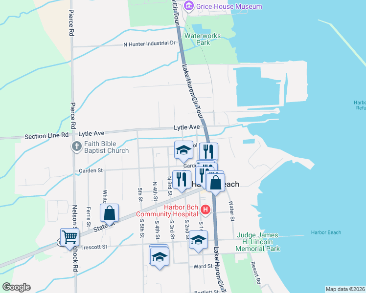 map of restaurants, bars, coffee shops, grocery stores, and more near 298 North 2nd Street in Harbor Beach