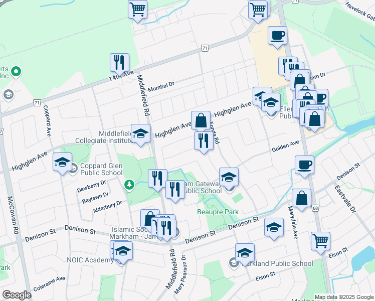 map of restaurants, bars, coffee shops, grocery stores, and more near Kruger Road in Markham