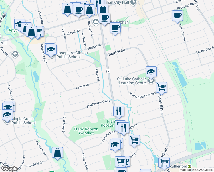 map of restaurants, bars, coffee shops, grocery stores, and more near 9656 Keele Street in Vaughan