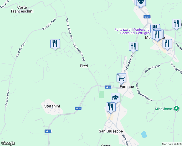 map of restaurants, bars, coffee shops, grocery stores, and more near 2/A Via Cercatoia Alta in Provincia di Lucca