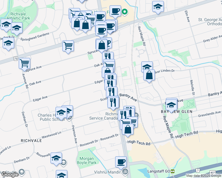 map of restaurants, bars, coffee shops, grocery stores, and more near 9010 Yonge Street in Richmond Hill