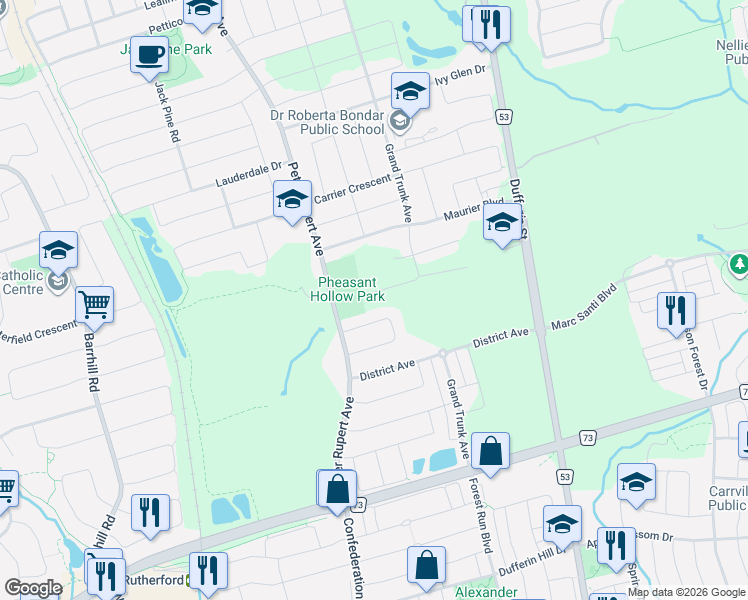 map of restaurants, bars, coffee shops, grocery stores, and more near 51 Ahchie Court in Vaughan