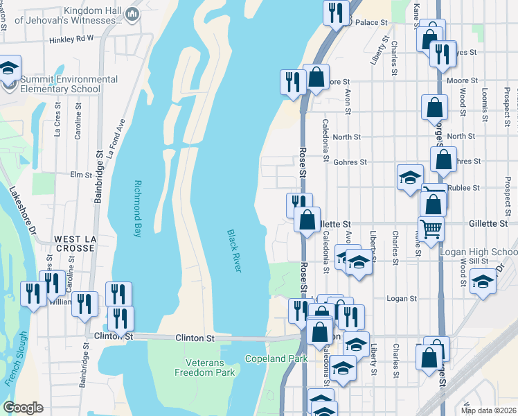 map of restaurants, bars, coffee shops, grocery stores, and more near 401 Gillette Street in La Crosse
