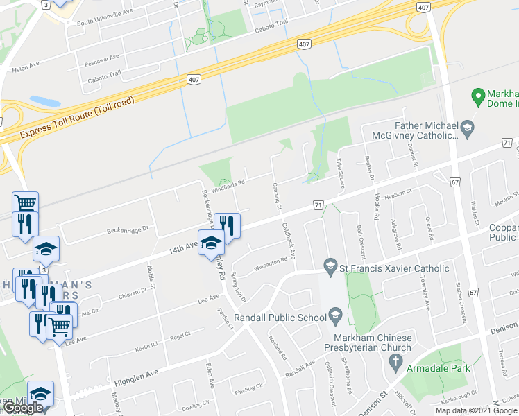 map of restaurants, bars, coffee shops, grocery stores, and more near 28 Jewetts Court in Markham