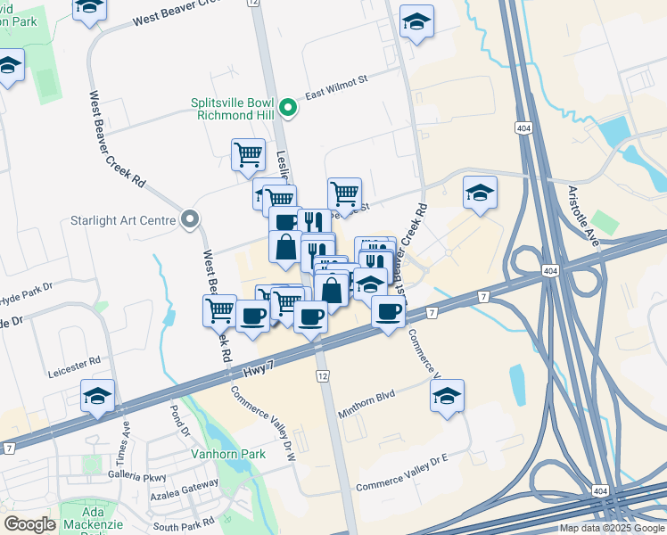 map of restaurants, bars, coffee shops, grocery stores, and more near 9015 Leslie Street in Richmond Hill