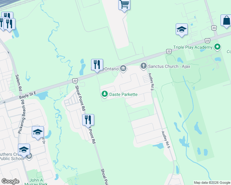 map of restaurants, bars, coffee shops, grocery stores, and more near 52 Douet Lane in Ajax
