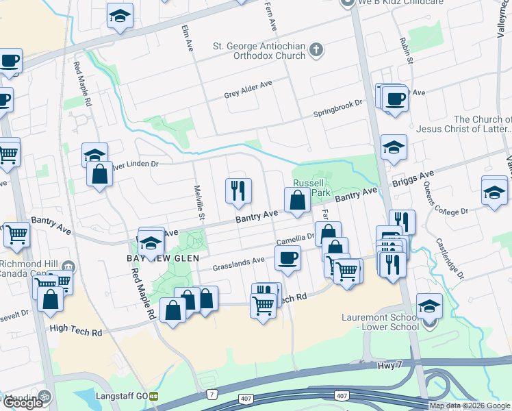 map of restaurants, bars, coffee shops, grocery stores, and more near 7 Ludford Drive in Richmond Hill