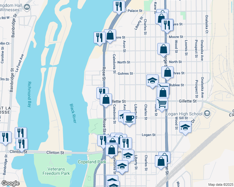 map of restaurants, bars, coffee shops, grocery stores, and more near 709 Gillette St in La Crosse