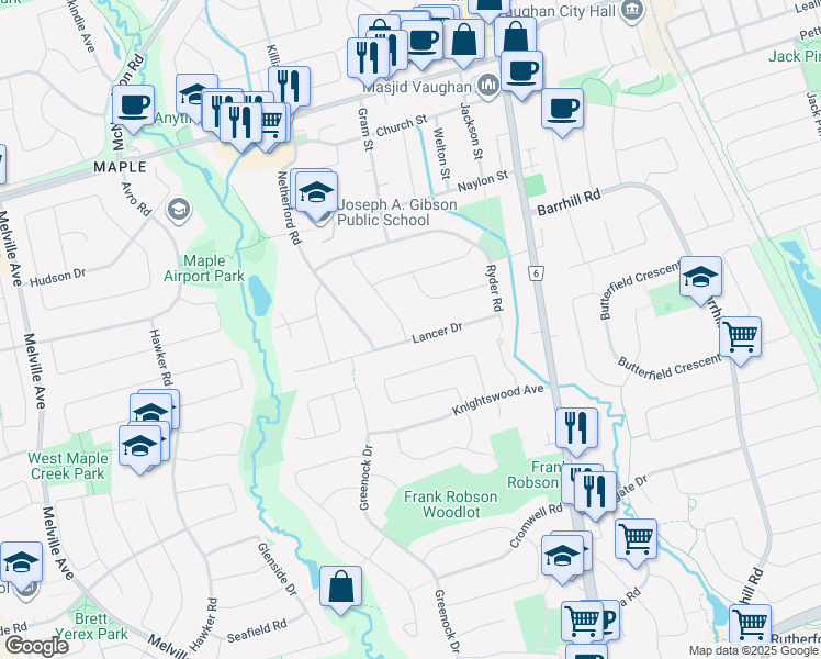 map of restaurants, bars, coffee shops, grocery stores, and more near 26 Lancer Drive in Vaughan
