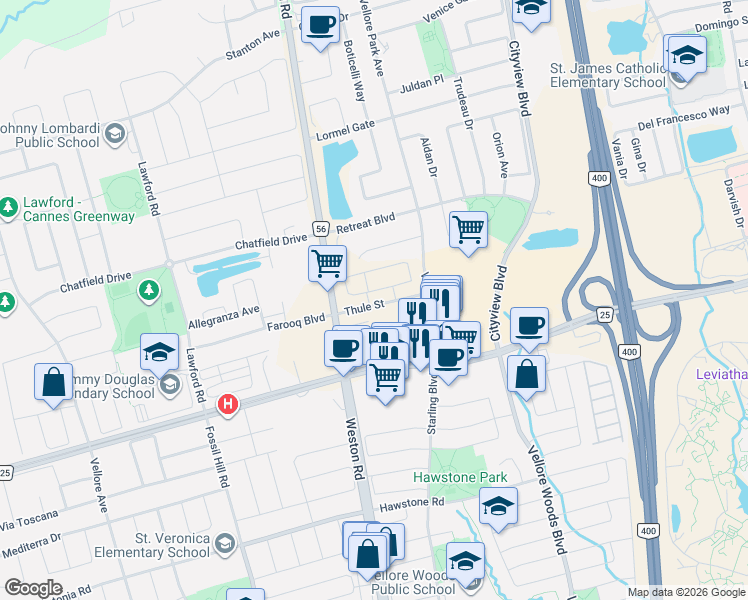 map of restaurants, bars, coffee shops, grocery stores, and more near 50 Thule Street in Vaughan
