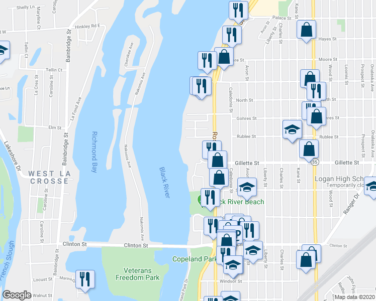 map of restaurants, bars, coffee shops, grocery stores, and more near 401 Gillette Street in La Crosse