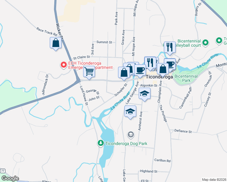 map of restaurants, bars, coffee shops, grocery stores, and more near 42 Schuyler St in Ticonderoga