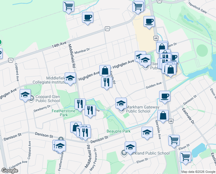 map of restaurants, bars, coffee shops, grocery stores, and more near 45 Kruger Road in Markham