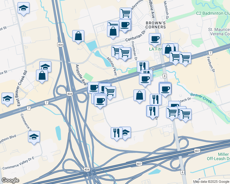 map of restaurants, bars, coffee shops, grocery stores, and more near 50 East Valhalla Drive in Markham
