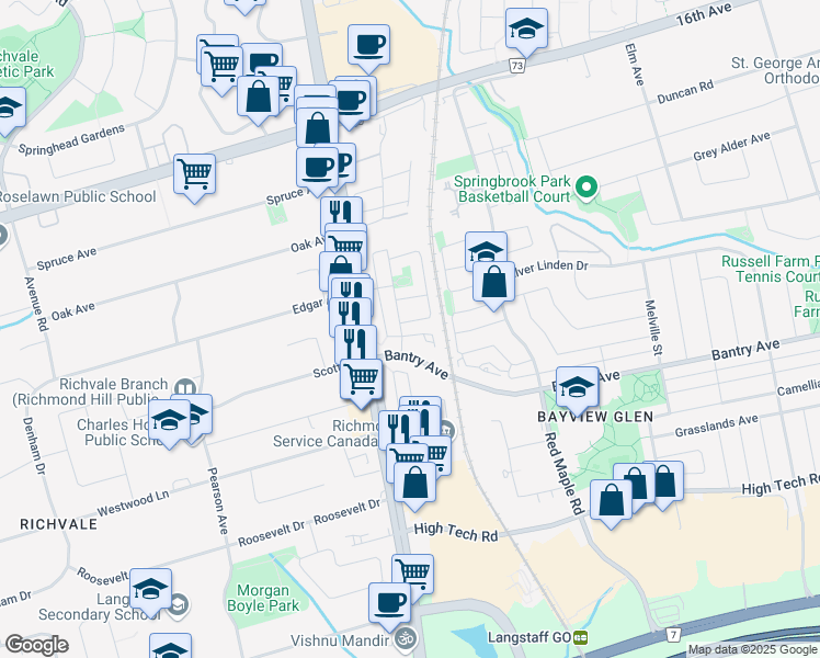 map of restaurants, bars, coffee shops, grocery stores, and more near 7 Coburg Crescent in Richmond Hill