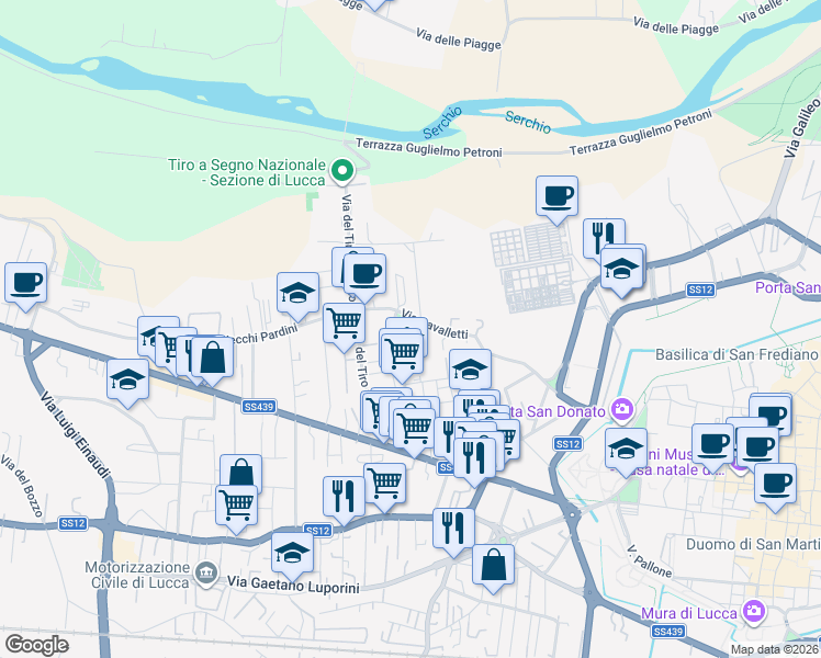 map of restaurants, bars, coffee shops, grocery stores, and more near 247 Via Don Giovanni Minzoni in Lucca