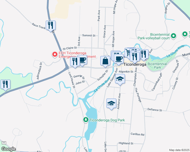 map of restaurants, bars, coffee shops, grocery stores, and more near 42 Schuyler St in Ticonderoga