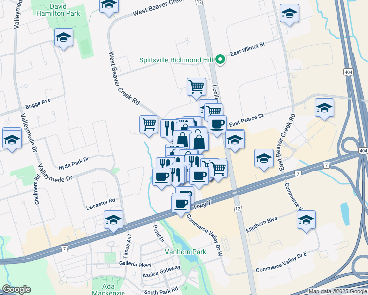 map of restaurants, bars, coffee shops, grocery stores, and more near 180 West Beaver Creek Road in Richmond Hill