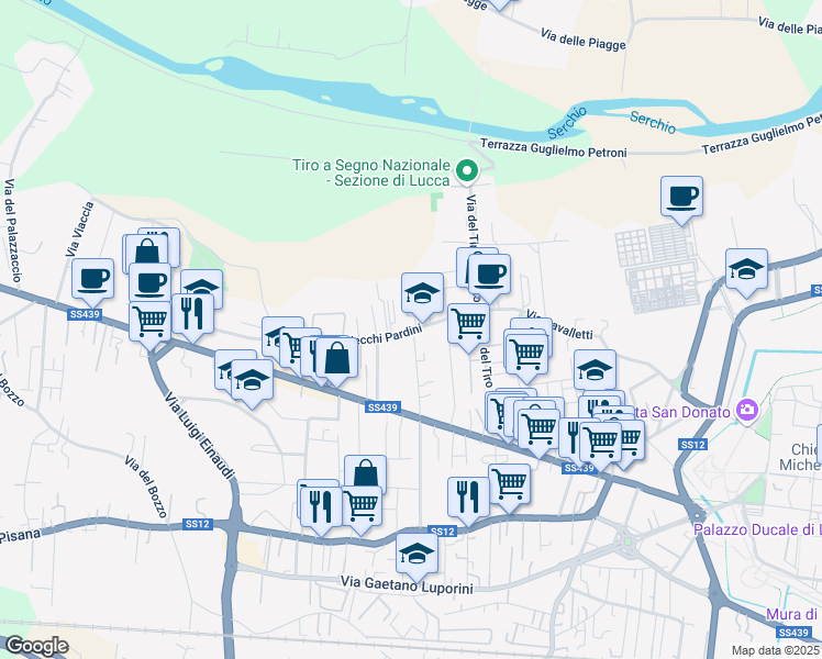 map of restaurants, bars, coffee shops, grocery stores, and more near 36 Traversa 1 in Lucca