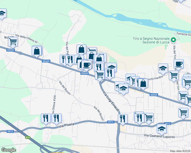 map of restaurants, bars, coffee shops, grocery stores, and more near 184 Traversa IX Via Giacomo Puccini in Lucca