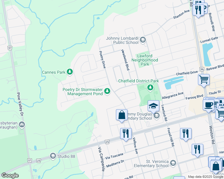 map of restaurants, bars, coffee shops, grocery stores, and more near Poetry Drive in Vaughan