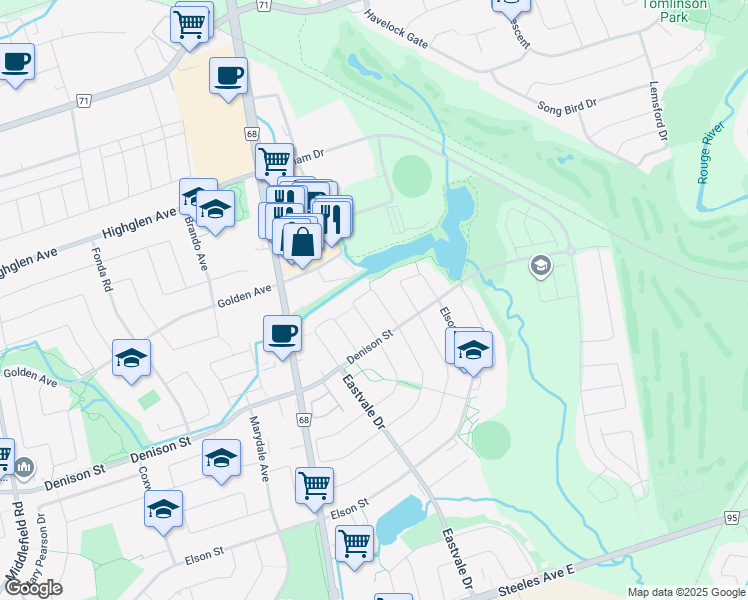 map of restaurants, bars, coffee shops, grocery stores, and more near 81 Lahore Crescent in Markham