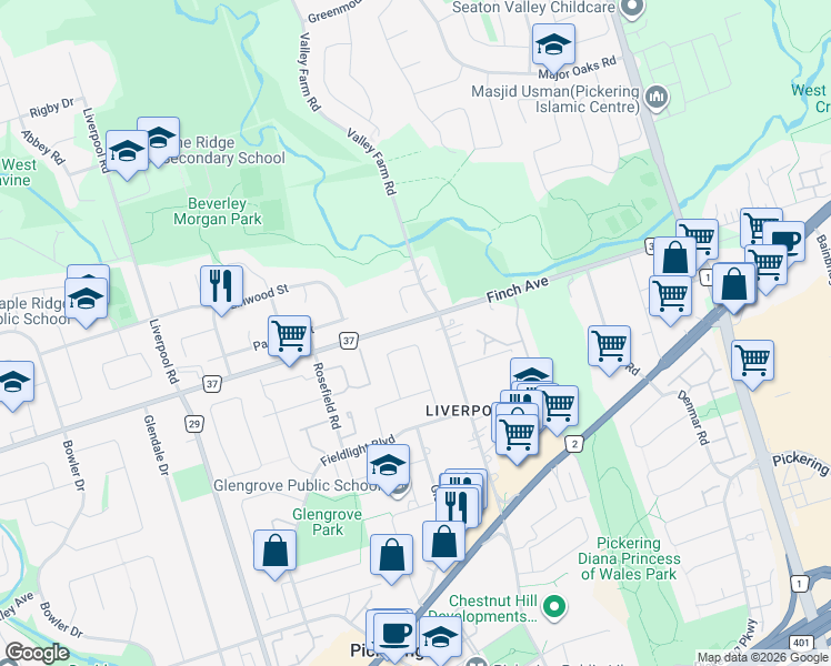 map of restaurants, bars, coffee shops, grocery stores, and more near 1483 Finch Avenue in Pickering
