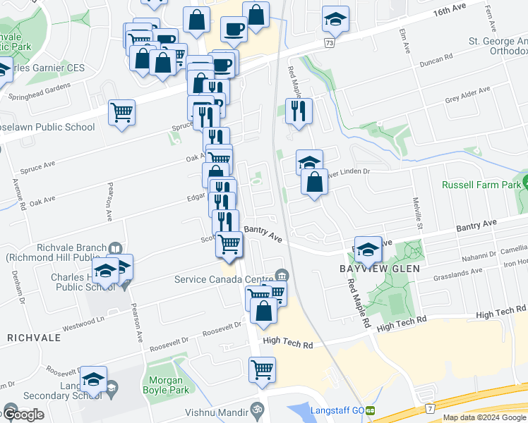 map of restaurants, bars, coffee shops, grocery stores, and more near 15 Coburg Crescent in Richmond Hill