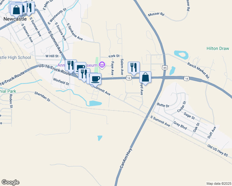 map of restaurants, bars, coffee shops, grocery stores, and more near 1101 South Summit Avenue in Newcastle