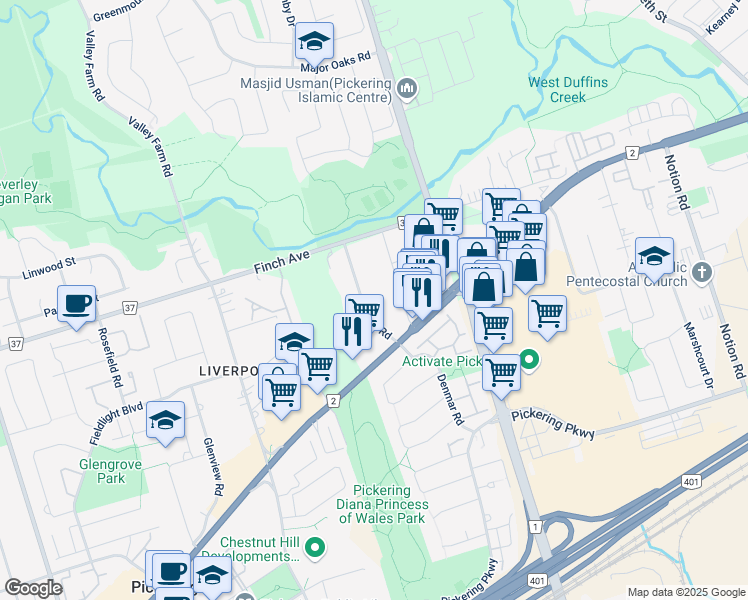 map of restaurants, bars, coffee shops, grocery stores, and more near 1985 Guild Road in Pickering