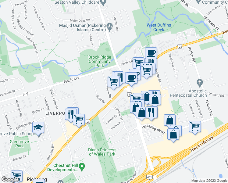 map of restaurants, bars, coffee shops, grocery stores, and more near 1660 Kingston Road in Pickering