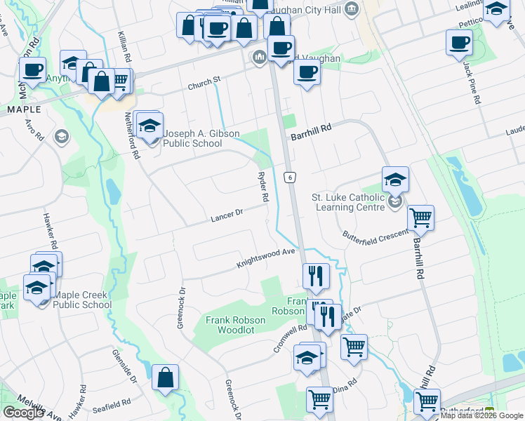 map of restaurants, bars, coffee shops, grocery stores, and more near 1 Lancer Drive in Vaughan