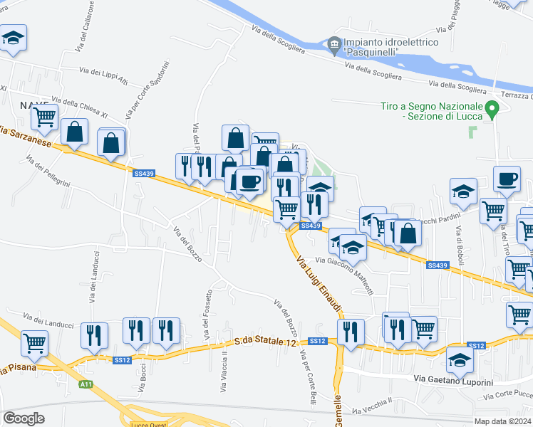 map of restaurants, bars, coffee shops, grocery stores, and more near 1707 Viale Puccini Giacomo in Lucca