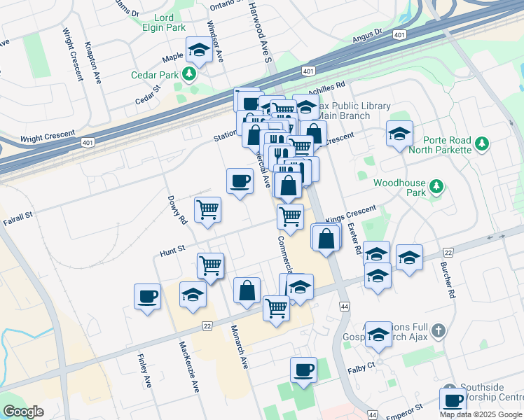 map of restaurants, bars, coffee shops, grocery stores, and more near 140 Commercial Avenue in Ajax